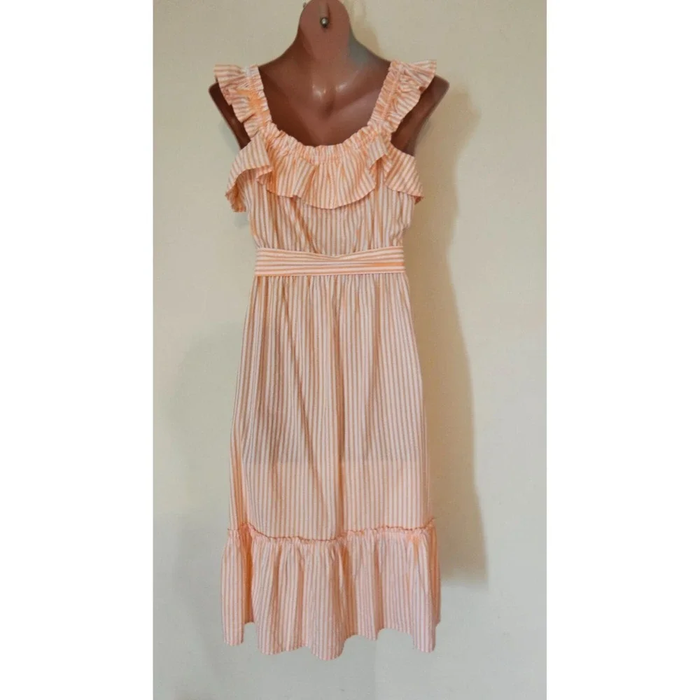 Michael‎ Kors orange & white striped Summer Dress Boho Peasant Ruffle Neck S
